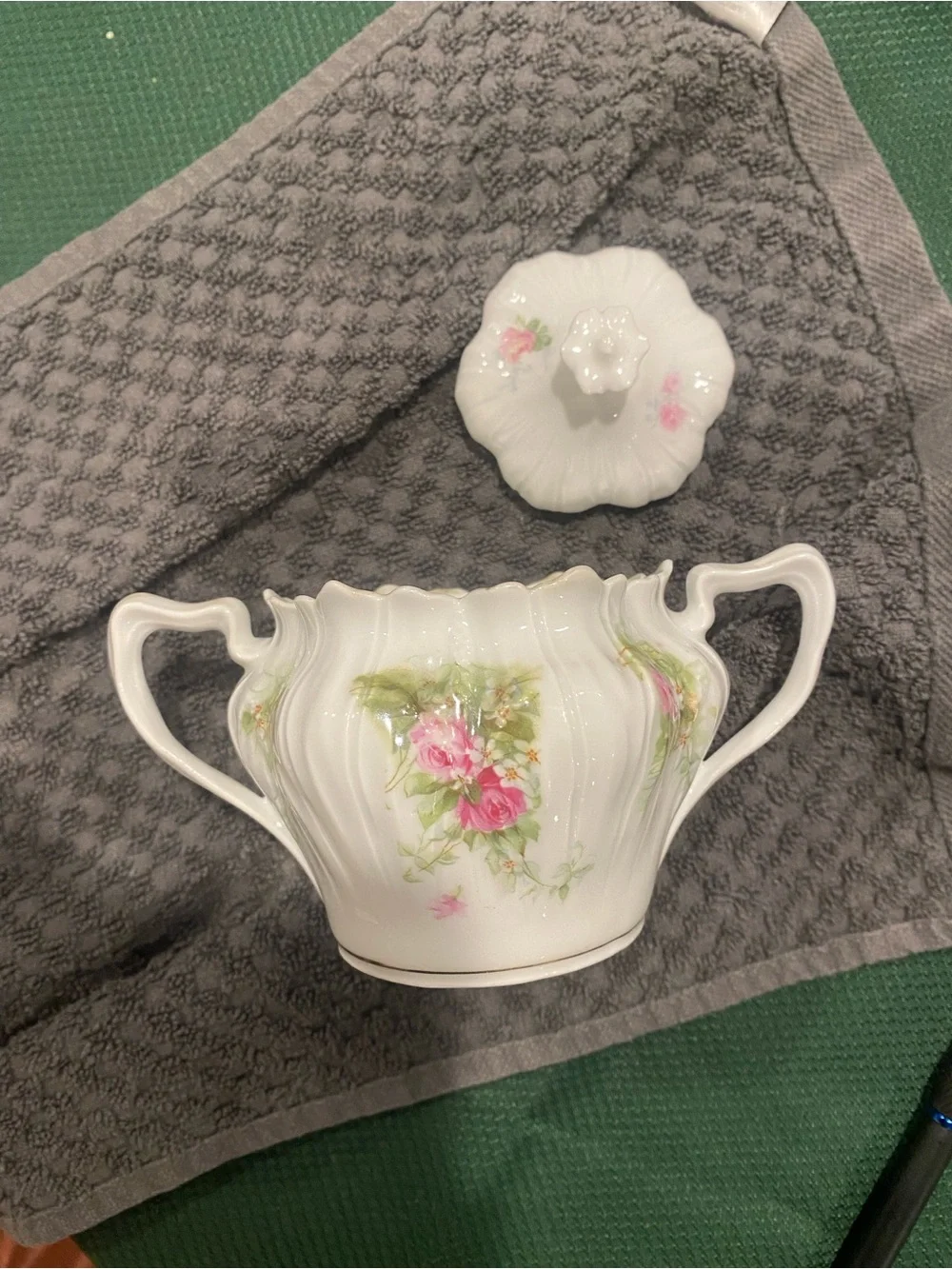 Antique RS Prussia Red Mark Covered Sugar Bowl Porcelain Floral No Chips